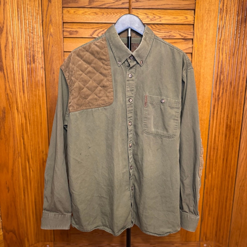 North River Outfitters Mens L Shooting Shirt Olive Green Quilted Patch Canvas